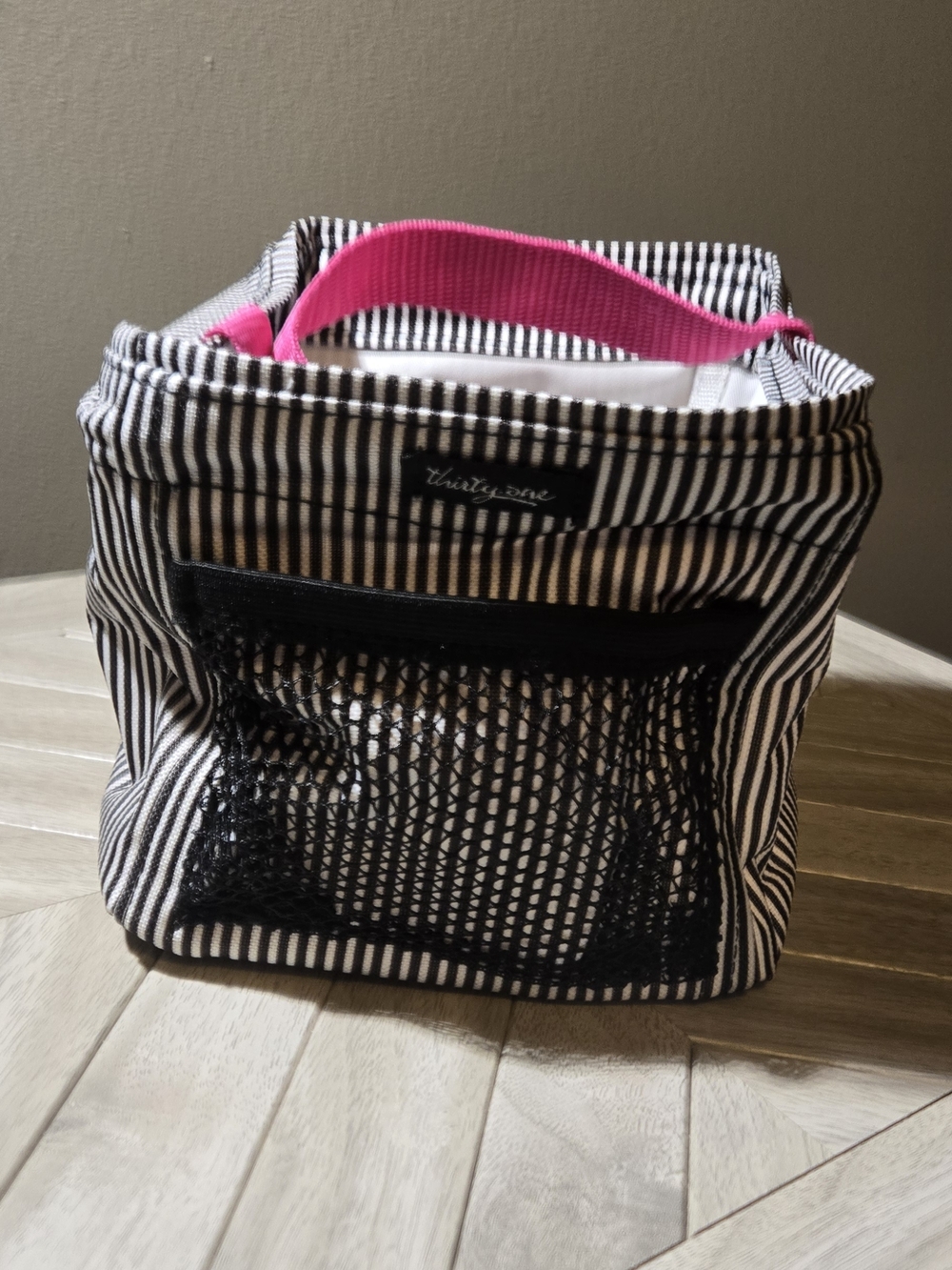 Thirty-one Black & White Striped Mini Carry All Tote with Bright Pink Handle